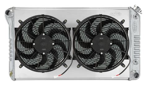 Cold case radiators - We highly recommend installing a shroud/fan combination but for applications where a shroud does not fit, these fans and installation kits are a great alternative. Can be set up as a puller or pusher. Details: Plastic. 16 inch Electric Fan Assembly. 2500 CFM. AMP Draw: 6.85 avg. CFM. 4 Inch from face of radiator: 249.